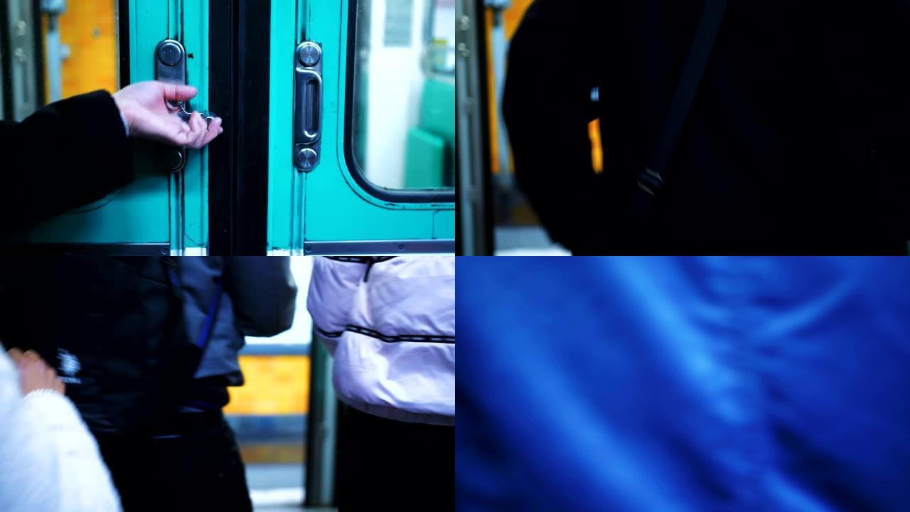 特写女性手在巴黎地铁打开蓝色地铁车门，匿名人群进入慢动作。