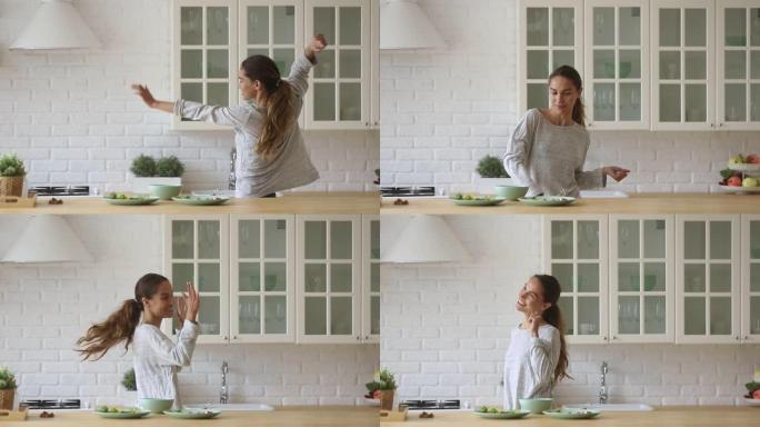 快乐活跃的独立美女独自跳舞在厨房做饭