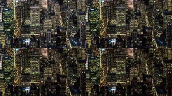 曼哈顿摩天大楼的T/L鸟瞰图，从黄昏到夜晚/纽约