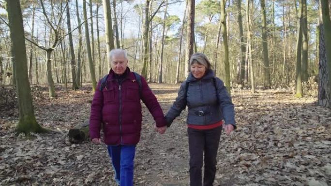 微笑的高级夫妇一起在森林里徒步旅行