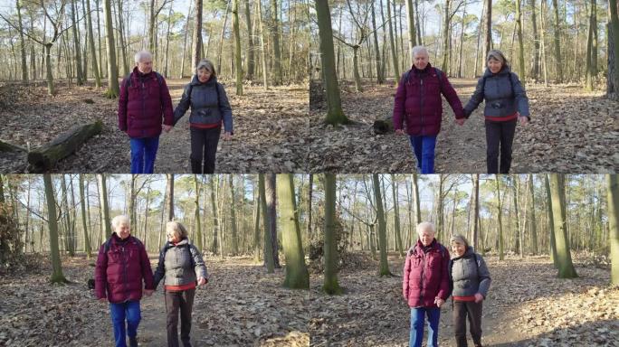 微笑的高级夫妇一起在森林里徒步旅行