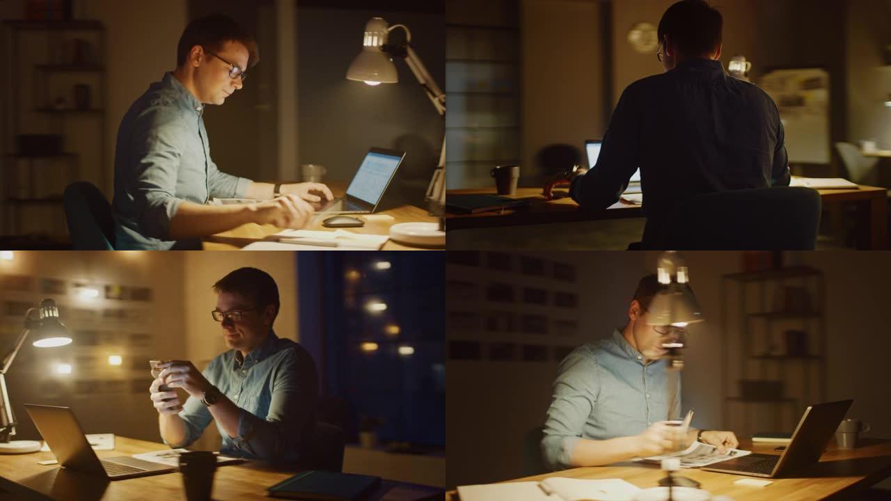 专业人士晚上坐在办公室工作室的办公桌前，在笔记本电脑上工作。分析统计数据的人。精力充沛的快节奏运动。