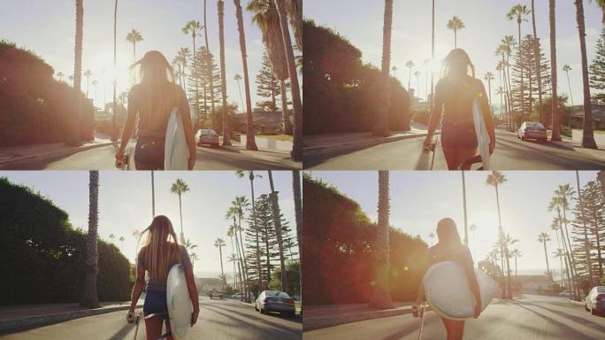 迷人的冲浪女孩在日落时带着滑板走在街上，带着镜头耀斑