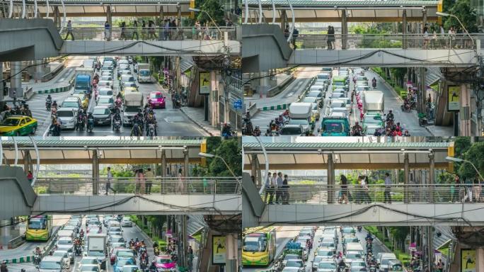 曼谷BTS Chong Nonsi高峰时段交通拥堵和匿名人群拥挤的道路的4k延时过渡，交通和乘客旅行