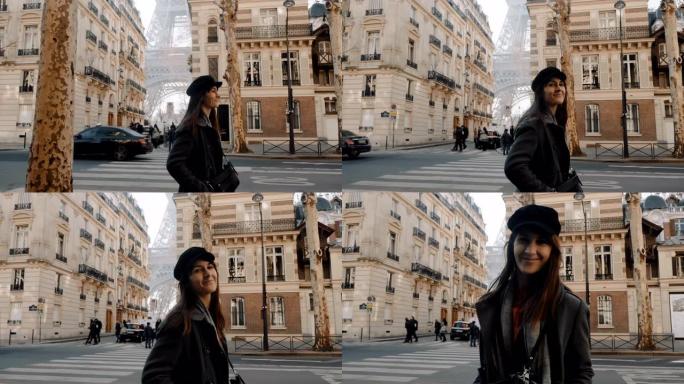电影拍摄，优雅快乐的美女散步，沿着巴黎街和阳光充足的埃菲尔铁塔慢动作摆姿势。