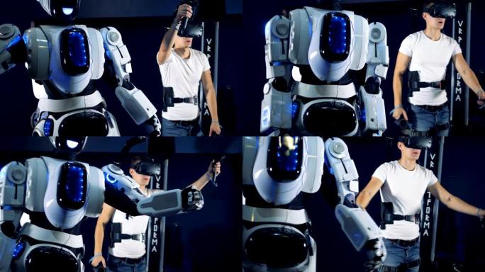 人控制机器人，使用VR设备，特写镜头。