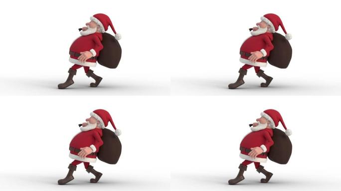 带有礼品袋的圣诞老人在白色背景上偷偷摸摸。无缝循环3d动画。左侧视图