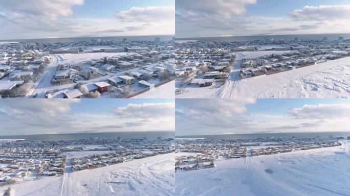WS鸟瞰图冰岛冰雪覆盖的小镇