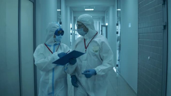 冠状病毒传播期间，hazmats的医生在一家医院工作。