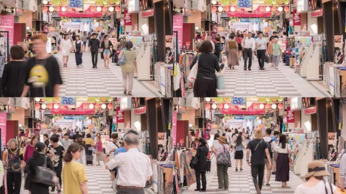 日本福冈市区天神购物街拥挤的延时游客