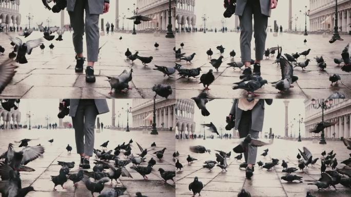 意大利威尼斯，低角度的女性游客腿，带着一群鸽子在老城广场上行走，慢动作。