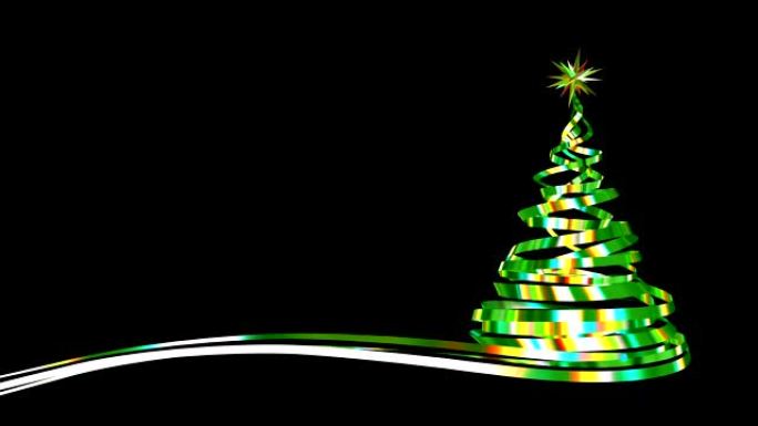 绿色彩虹色彩带和五彩纸屑爆炸的圣诞树。4K。