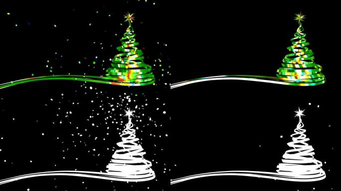 绿色彩虹色彩带和五彩纸屑爆炸的圣诞树。4K。