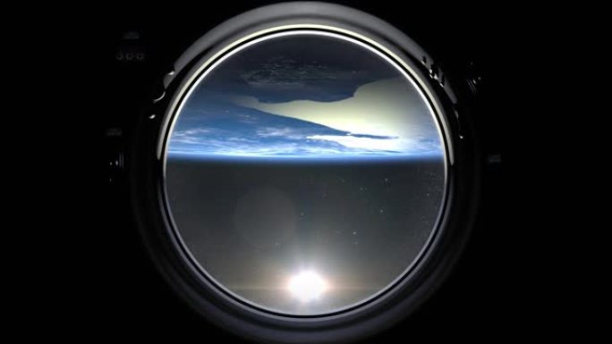 通过国际空间站舷窗的地球视图。国际空间站正在绕地球运行。现实的氛围。3D体积云。空间。4K。