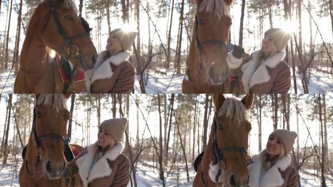 冬日在森林里爱抚马的快乐女人