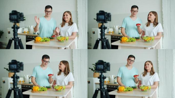 幸福家庭录制有机蔬菜用相机聊天视频
