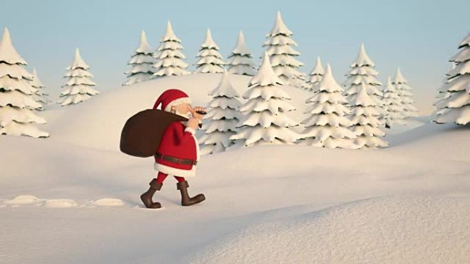 圣诞老人漫步在白雪皑皑的风景中。侧视图