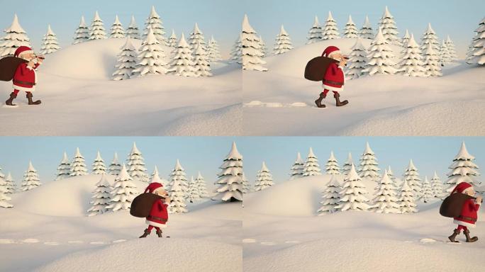 圣诞老人漫步在白雪皑皑的风景中。侧视图