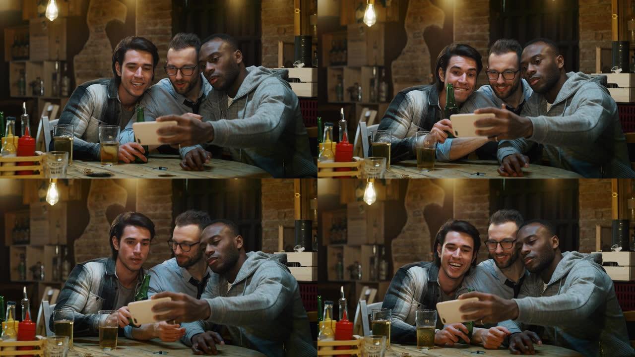 大学朋友在酒吧玩得开心和自拍的慢动作