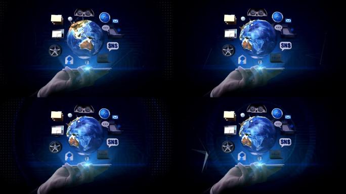 智能手机，旋转地球，汽车连接Io T technology.ca r信息系统。自动驾驶技术，4k动画