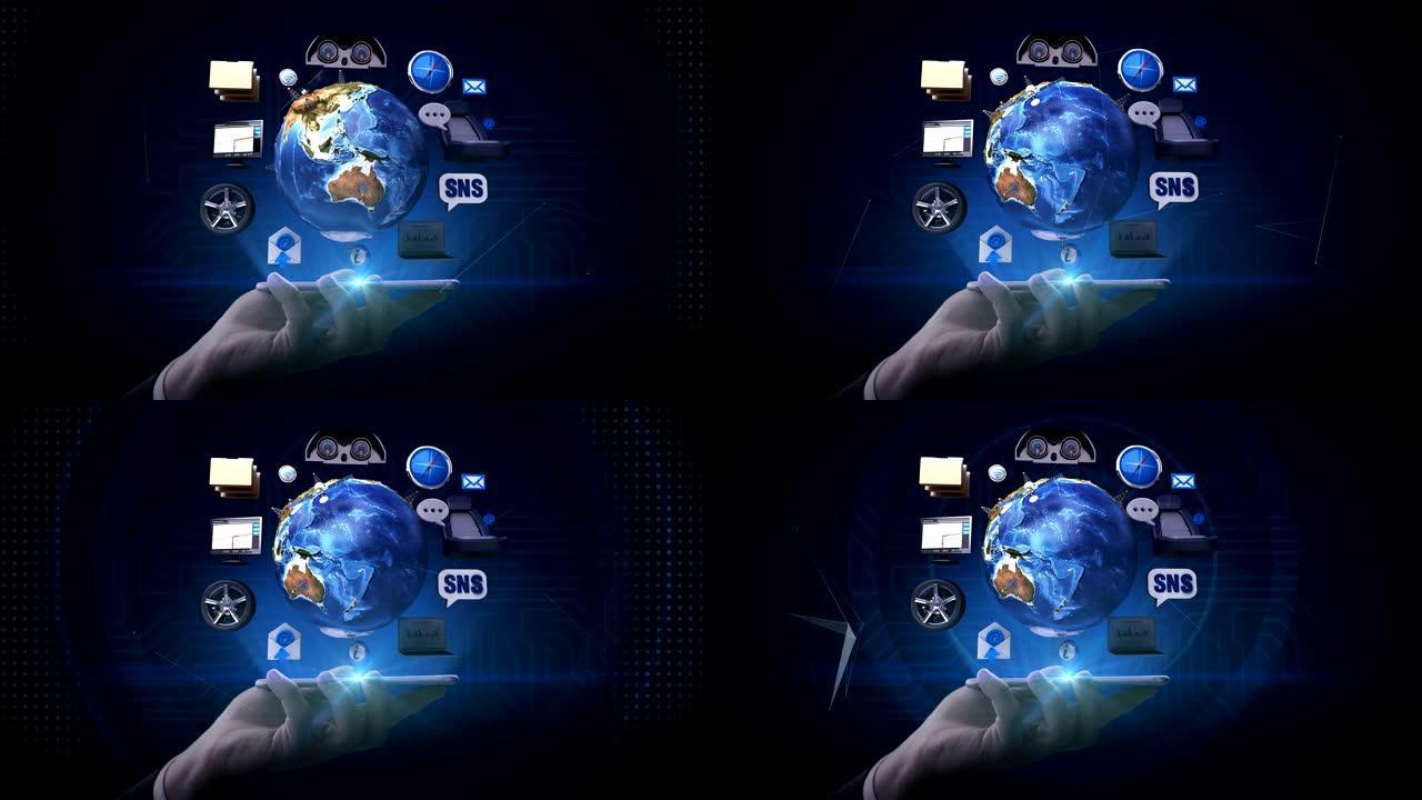 智能手机，旋转地球，汽车连接Io T technology.ca r信息系统。自动驾驶技术，4k动画