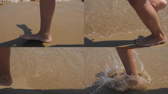 小女孩赤脚在沙滩上奔跑。慢动作。