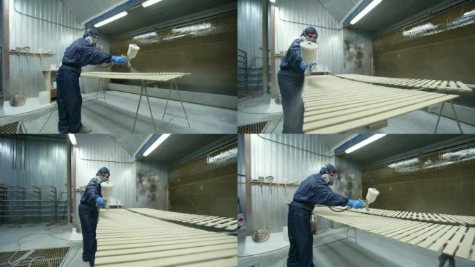 车间木匠油漆木材干活劳动视频素材喷漆厂房