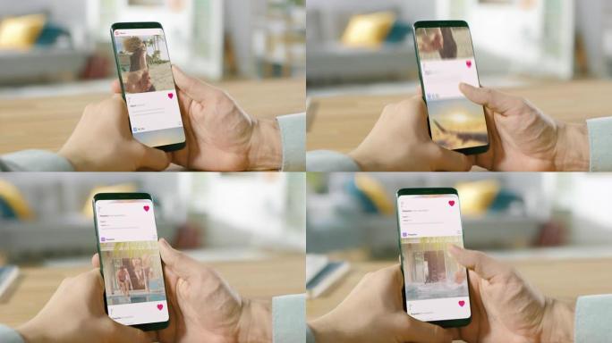 特写宏: 使用智能手机的人，点击生活方式应用程序。浏览社交网络上的图片。手指滚动社交媒体应用程序提要