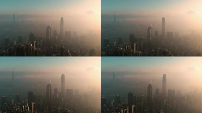 香港日出时摩天大楼的鸟瞰图和多莉前方。