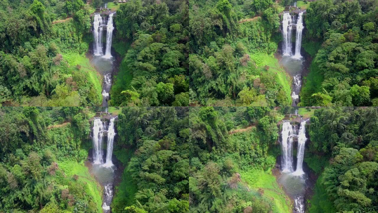 老挝巴色和占巴萨克市雨林中Tad Yaung瀑布的鸟瞰图