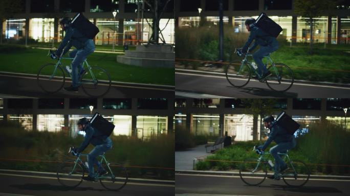 一个年轻的带自行车的快递快递员的慢动作正在触摸带有增强现实全息图的未来派屏幕，以查看晚上在市中心的客