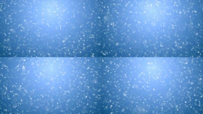 美丽温柔平静的降雪无缝蓝色渐变3d动画。环形白色雪花随着dop模糊落下。节日庆典概念。