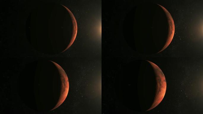 火星行星。相机在火星附近飞行。从太空看。星星闪烁。4K.太阳在右边