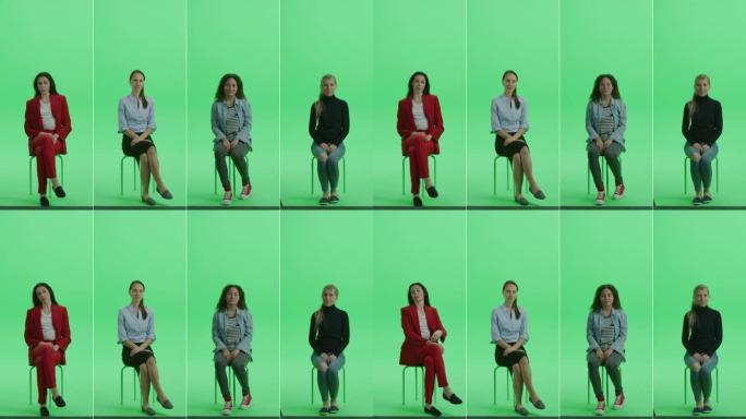 5合1绿屏拼贴画: 坐在色度钥匙椅子上的五幅不同背景，种族，不同年龄的美女肖像。前视图分屏。多个剪辑
