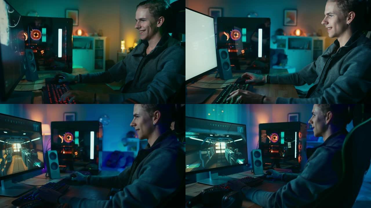 快乐的玩家在他强大的个人电脑上玩第一人称射击游戏在线视频游戏。房间和电脑有彩色霓虹灯。在家舒适的夜晚