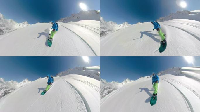 自拍照: 极端男性滑雪者将加拿大山区的新鲜粉末切碎。