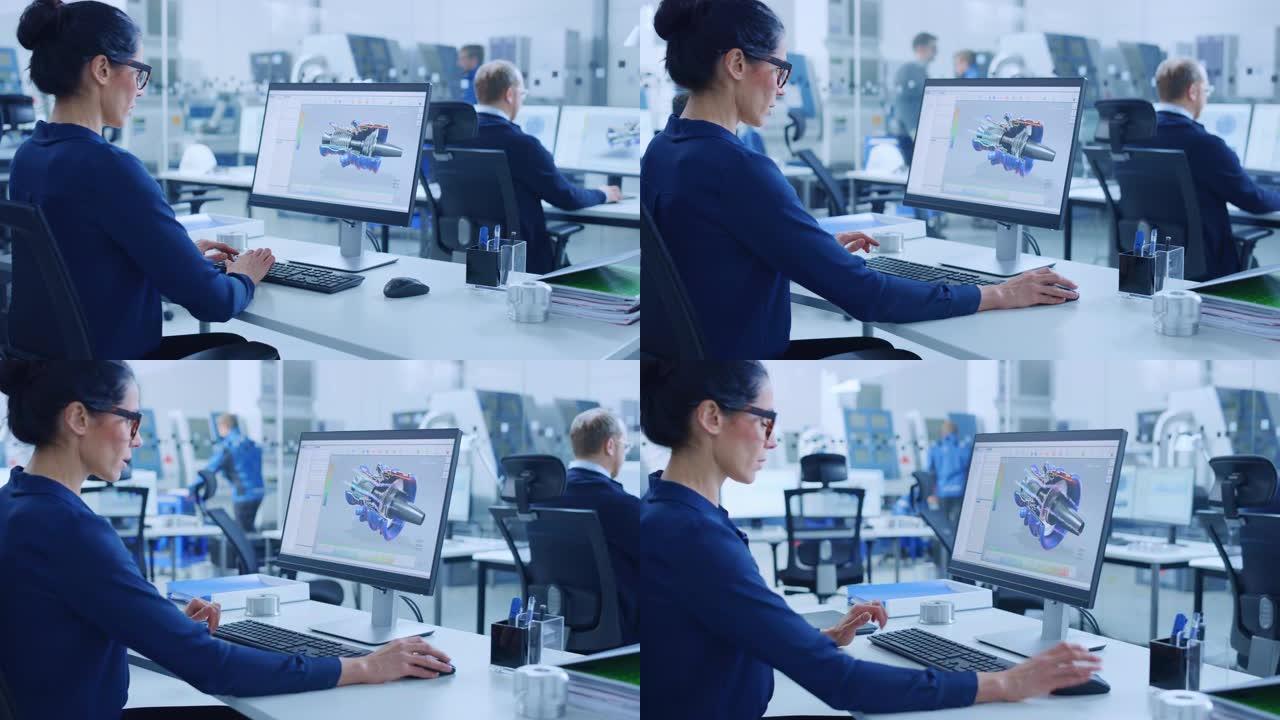 工业女工程师在个人计算机上工作，屏幕上显示了带有电动发动机3D原型的cad软件。背景现代工厂采用高科