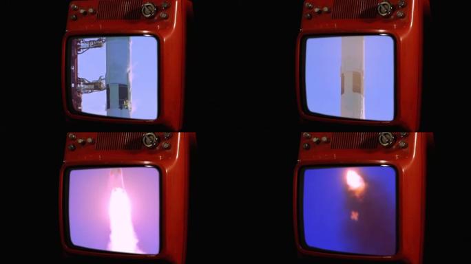 阿波罗11号土星五号火箭在红色复古电视上发射。公共领域的镜头。NASA提供的这段视频的元素。