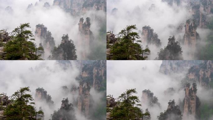 晨雾中的张家界国家森林公园 (又称阿凡达浮山)。时间流逝。4K, UHD