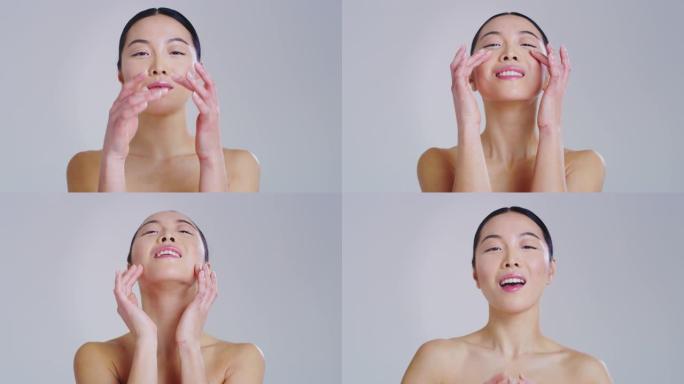 亚洲女人的慢动作，拥有美丽的脸庞和完美的皮肤，刚刚从杂质中清洗干净，用手指轻轻呵护它，为白天或晚上的