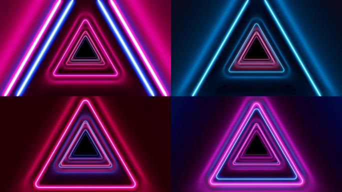 抽象美丽的三角隧道，霓虹灯线快速移动。蓝紫色。背景未来发光隧道。循环3d动画艺术概念。