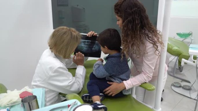 拉丁美洲女性牙科医生在指着x射线时向儿科患者和妈妈解释某些东西