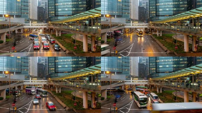 延时: 日落时间香港中环市区拥挤和交通背景