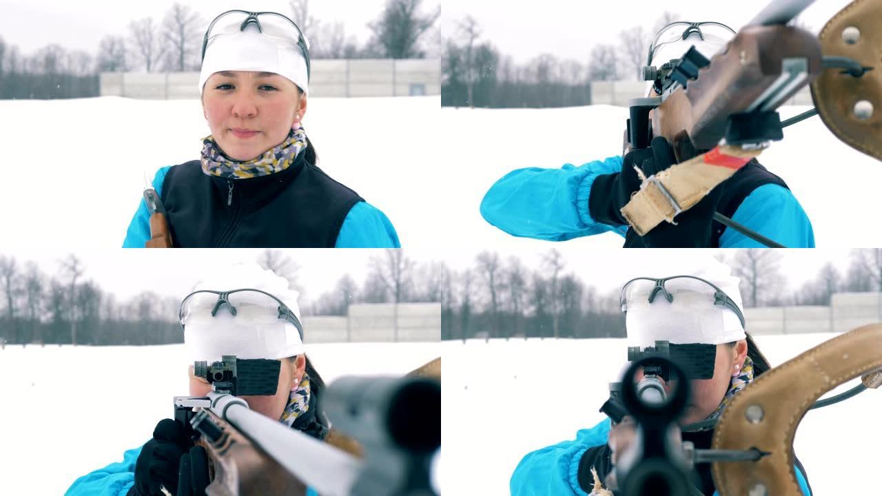 运动员在冬季两项比赛中进行射击。4K