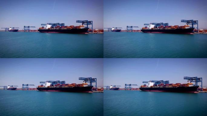 工业港口的鸟瞰图，在该港口中，货物是通过海运或海运在货船上进行国内和国际运输的。