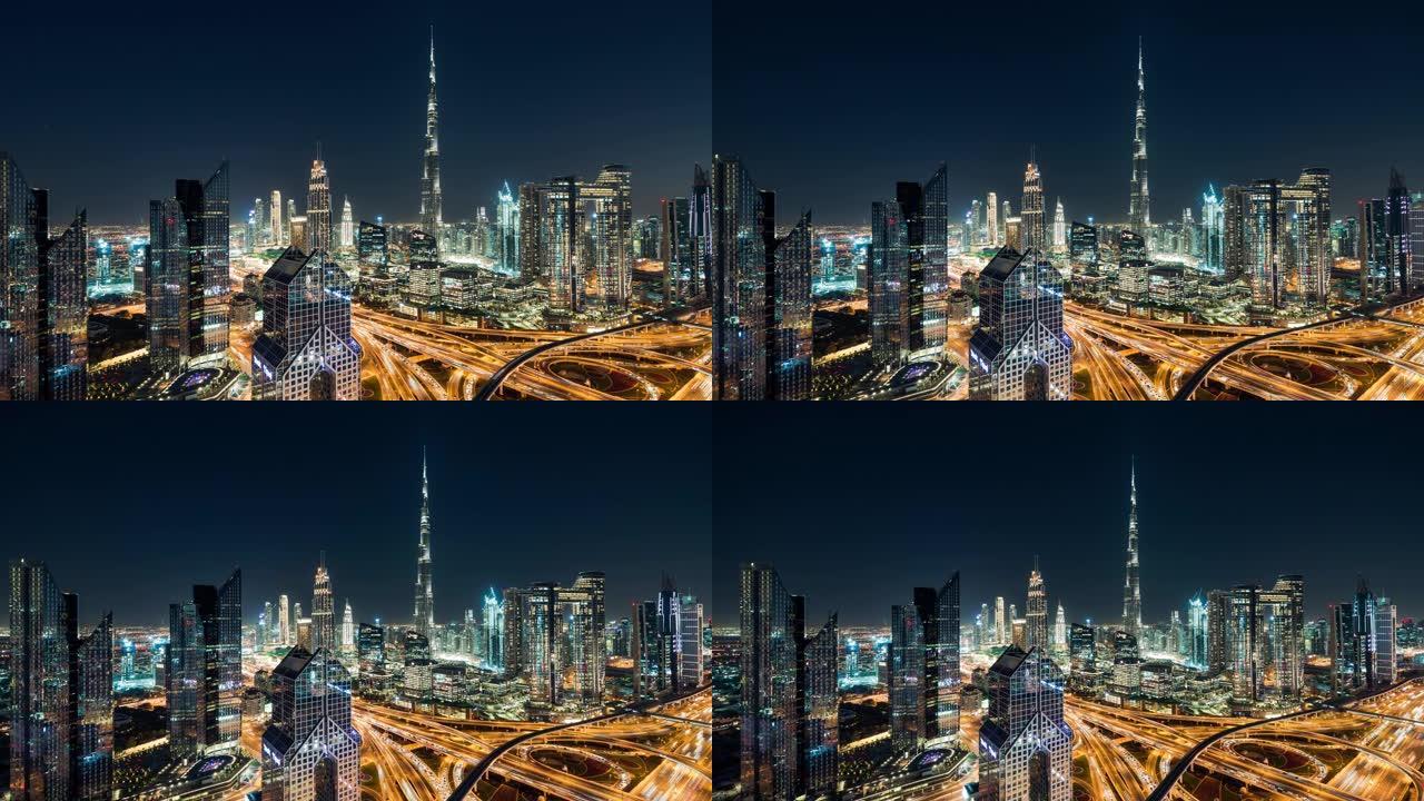 阿联酋迪拜夜间/迪拜天际线的T/L ZO高角度视图