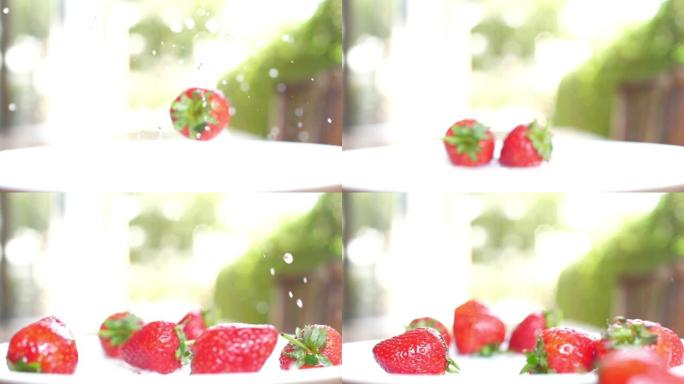 草莓掉到白盘和淡水中