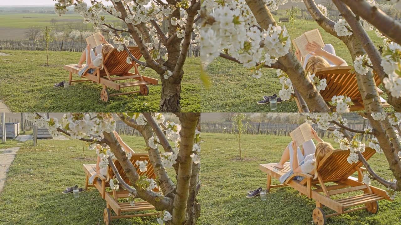 年轻女子女士在田园花园的樱花树下放松和阅读书籍