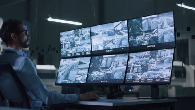 工业4.0现代工厂: 安全操作员控制车间生产线的正常运行，使用带有屏幕显示监控摄像机镜头的计算机。高