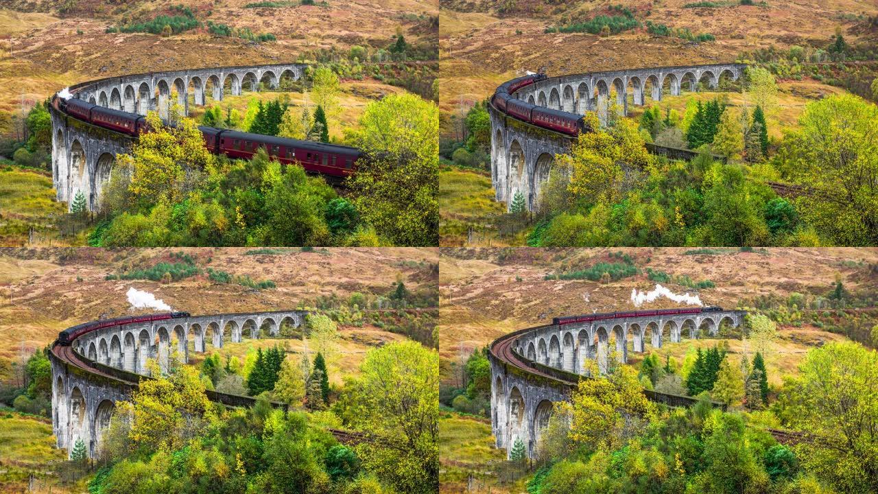 带有蒸汽火车的Glenfinnan高架桥，英国苏格兰